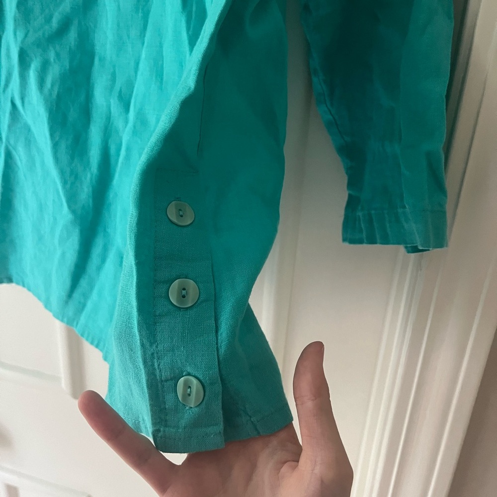 Flax Linen Turquoise 3/4 Sleeve Shirt - Picture 4 of 5